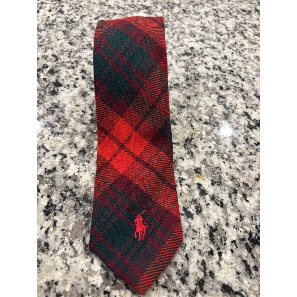 Vintage Polo Ralph Lauren Tie Men Red Plaid 100% Wool Handmade Scotland Pony